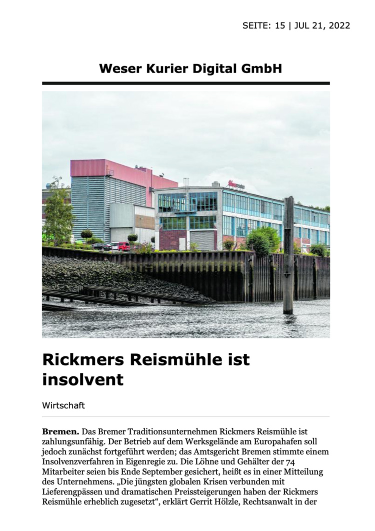 Zeitungsartikel „Rickmers Reismühle ist insolvent“