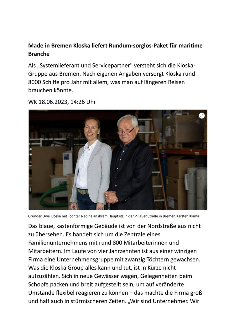 Zeitungsartikel „Made in Bremen Kloska liefert Rundum-sorglos-Paket für maritime Branche“